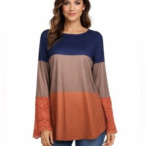Earth Tone Shirt Rib Knit Long Sleeves With Lace Tan, Blue Orange Womens SZ XXL